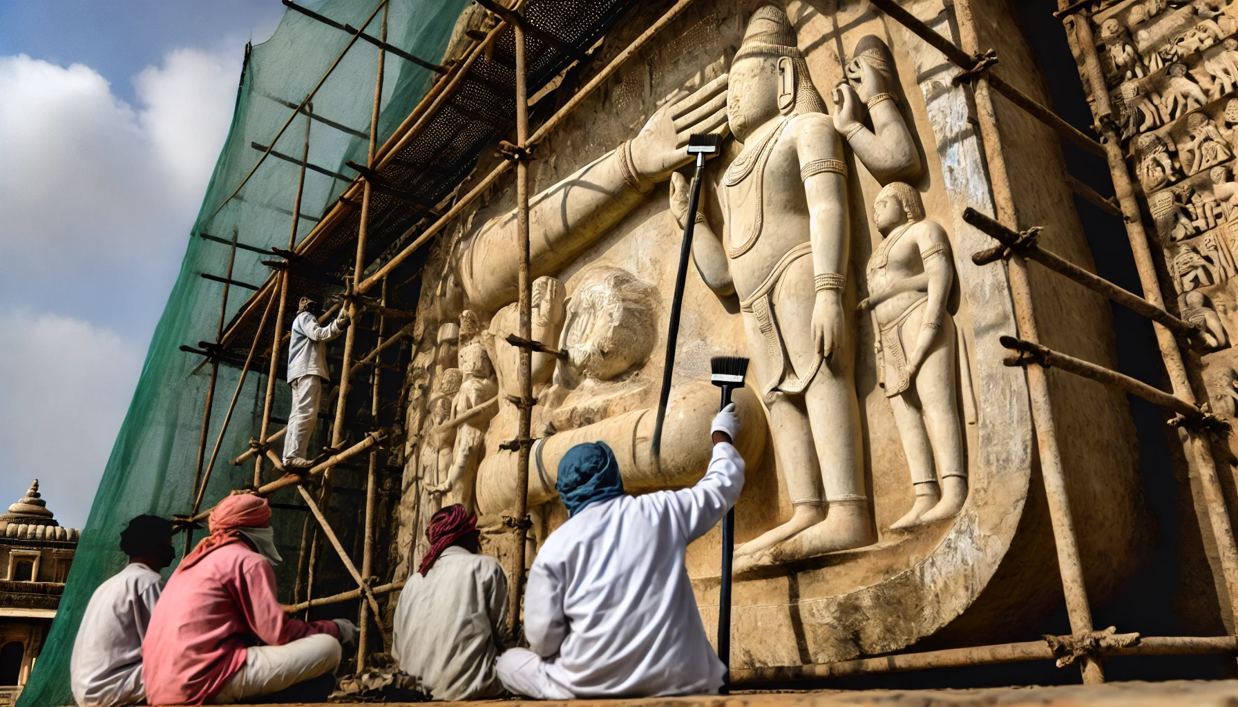 a banner image showing a carved stone image being maintained by a number of workmen