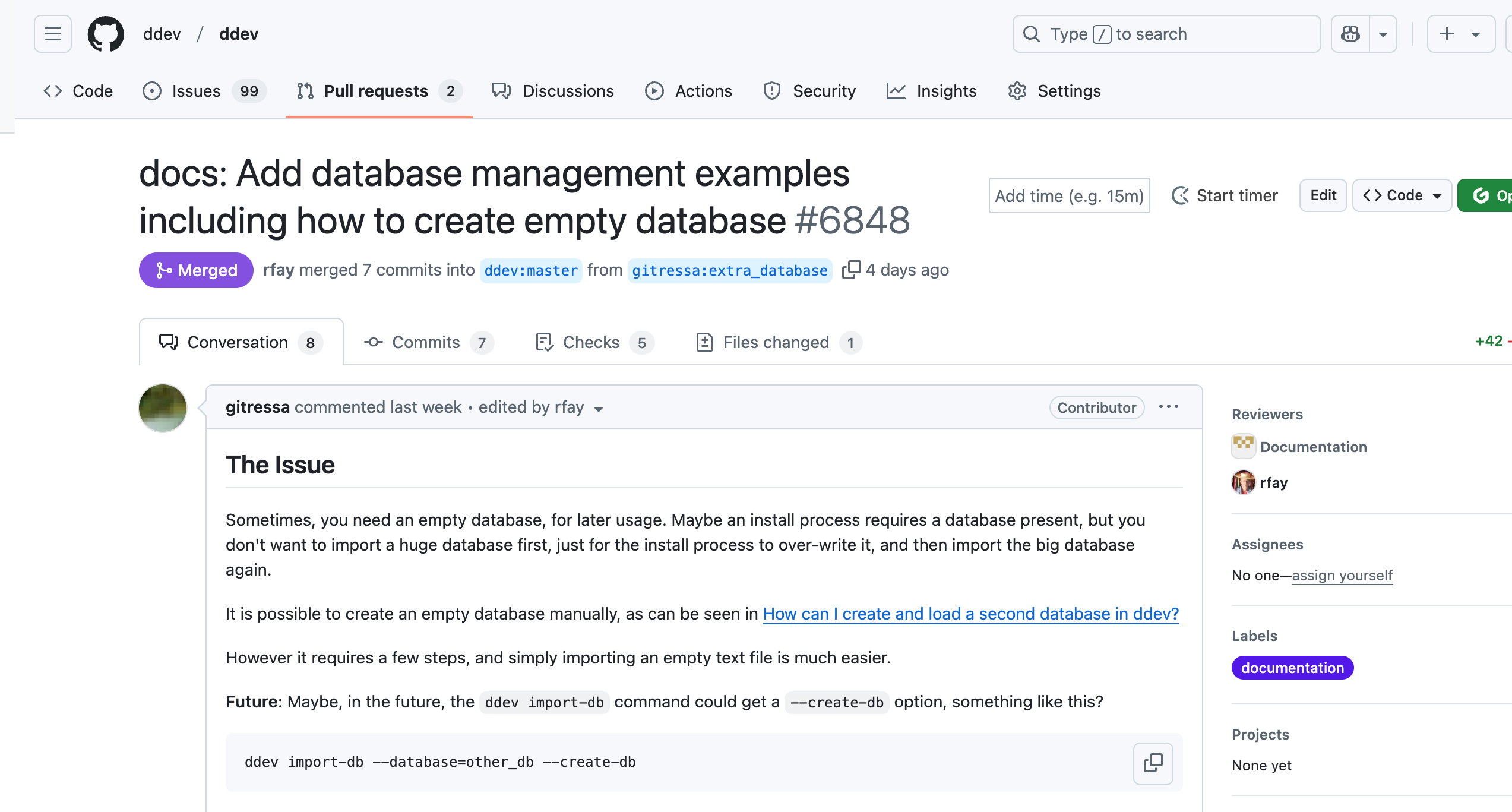 Screenshot of GitHub PR #6848, where @gitressa added database management examples